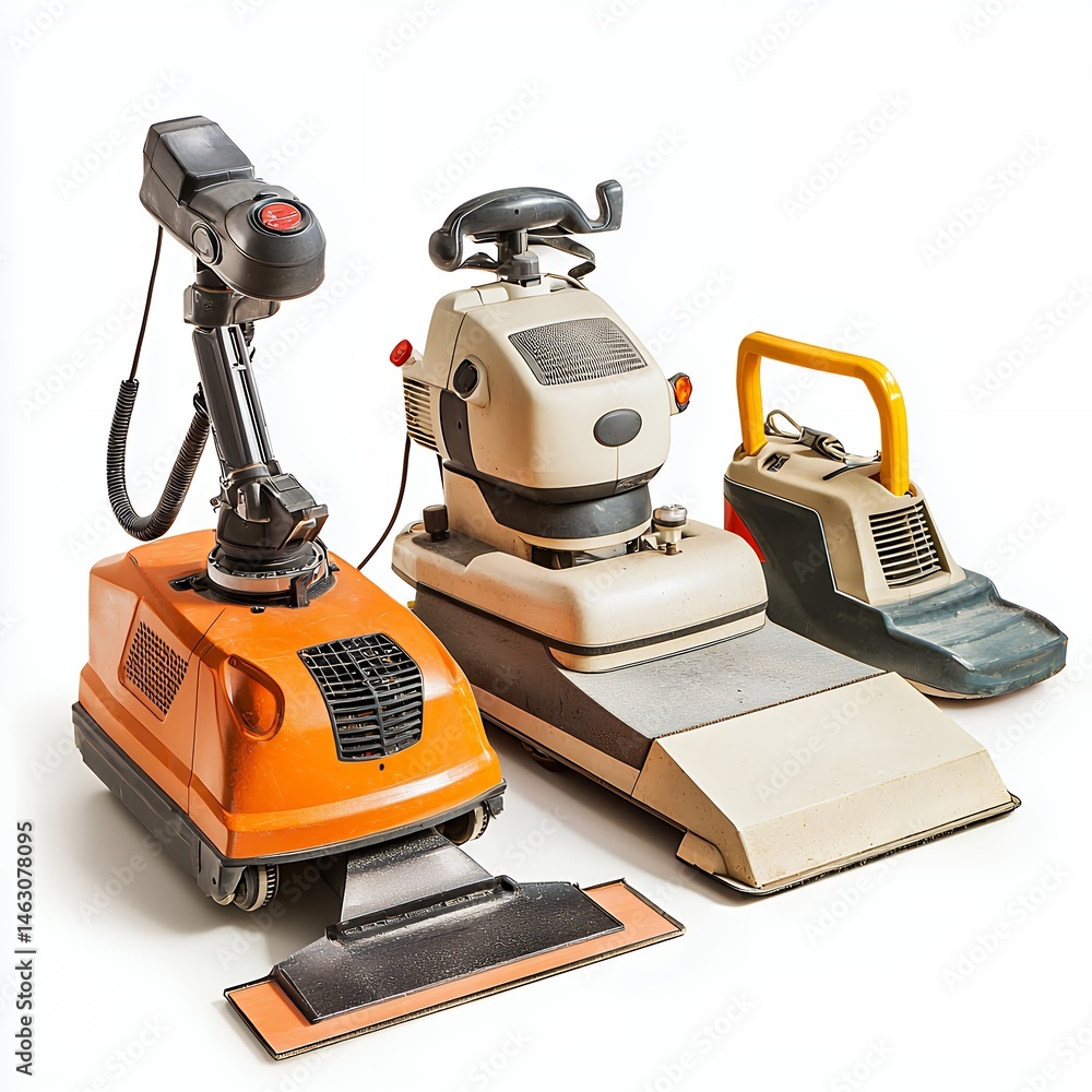 Fototapeta premium Three Vintage Floor Cleaning Machines on White Background