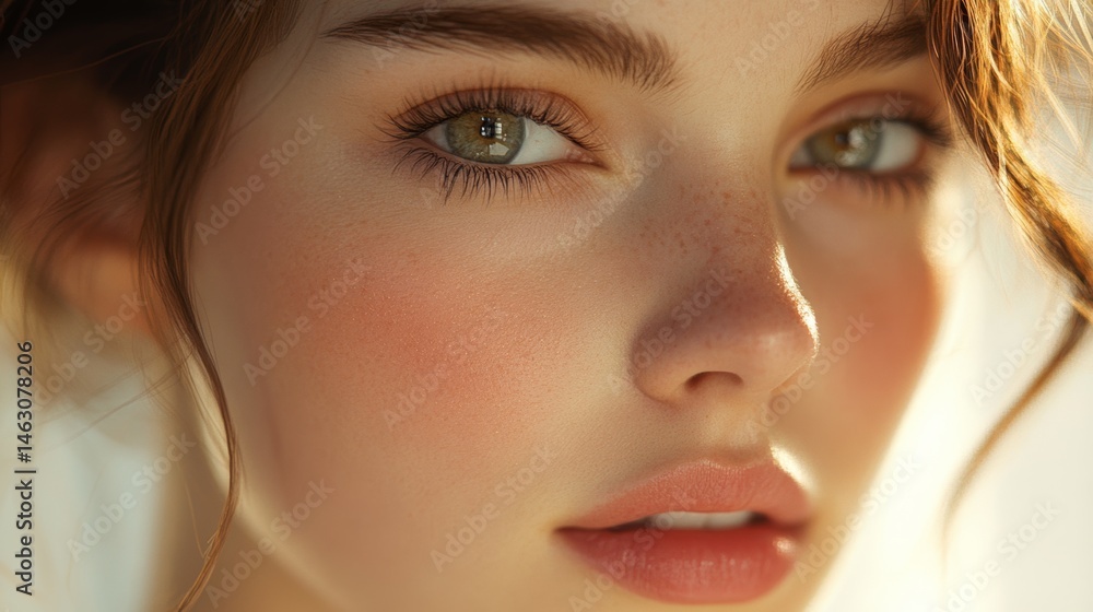 Close up of a young woman with striking green eyes and natural makeup in soft lighting during a portrait session Close up of a young woman with striking green eyes and natural makeup in soft lighting during a portrait session