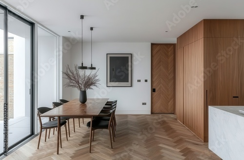 Modern dining room with herringbone flooring, featuring a long wooden table, black chairs, and a minimalist aesthetic.  A large window provides natural light, while dark wooden cabinetry adds warmth