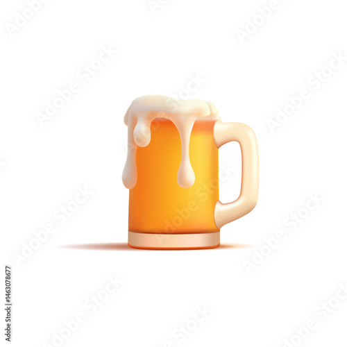 Realistic beer mug with foam, 3D. Golden craft beer on a white background. Icon. Vector illustration.