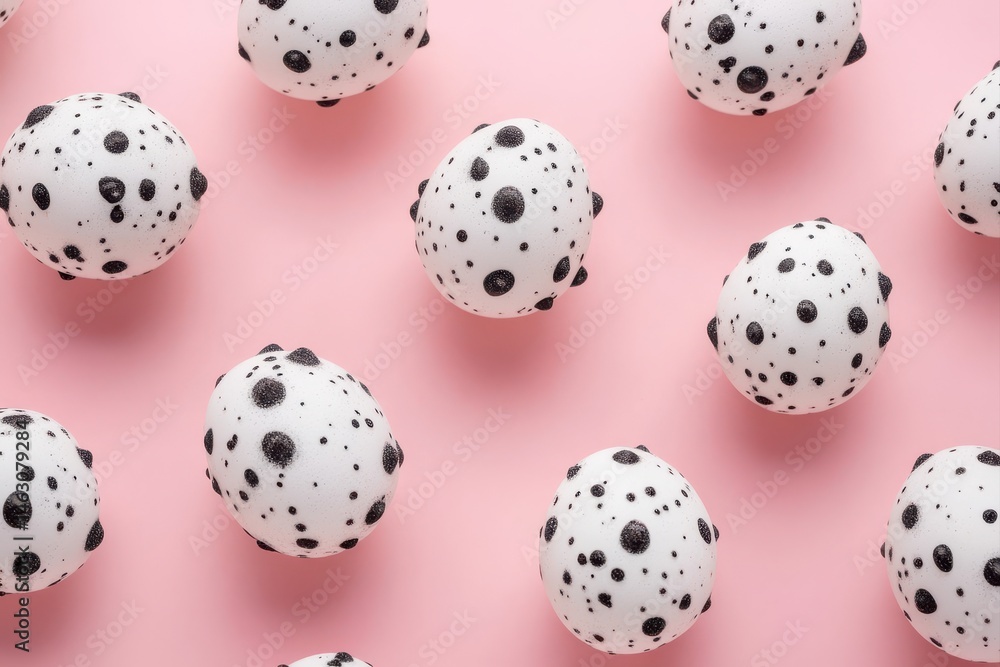 White eggs with black polka dots and splotches, arranged in a grid pattern on a pink background White eggs with black polka dots and splotches, arranged in a grid pattern on a pink background