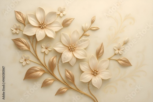 Golden Jasmine with Stucco Stems and Leaves An elegant 3D floral background. Elegant 3D Floral Background Featuring Golden Jasmine with Stucco Stems and Leaves.