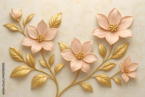 Golden Jasmine with Stucco Stems and Leaves An elegant 3D floral background. Elegant 3D Floral Background Featuring Golden Jasmine with Stucco Stems and Leaves.