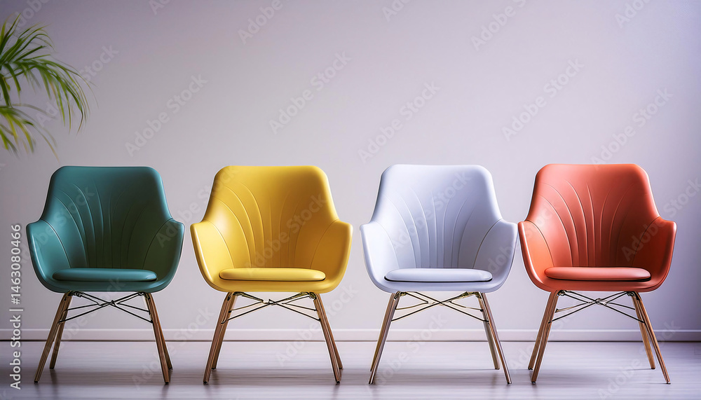 Four colorful chairs lined up against a white wall. Generative AI. Four colorful chairs lined up against a white wall. Generative AI.