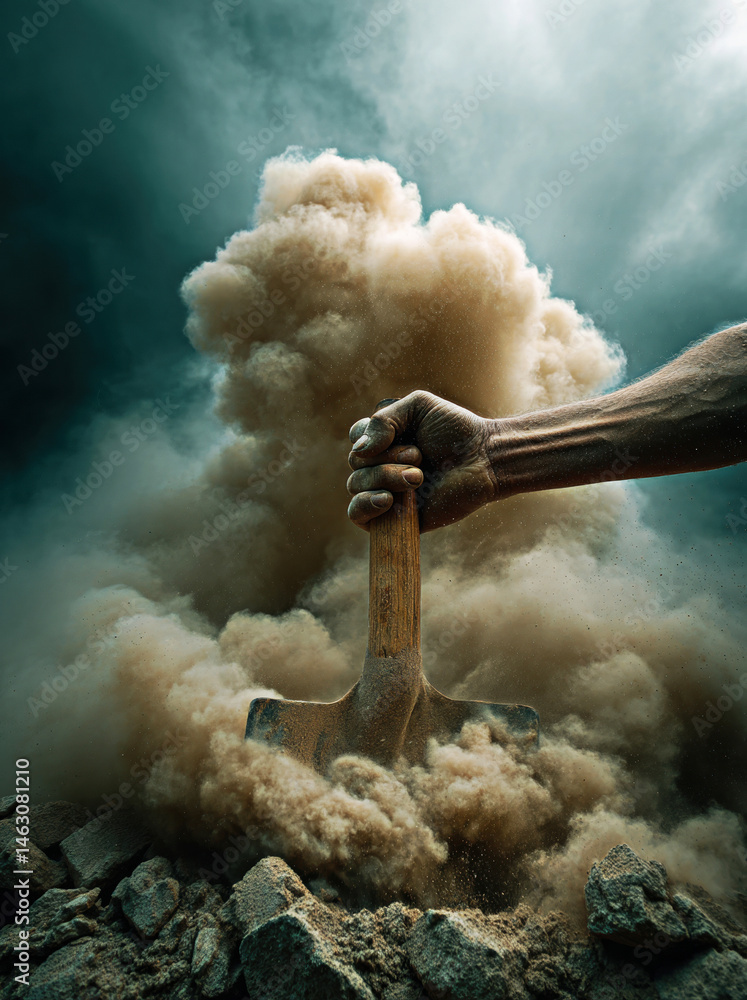 A powerful moment captured as a hand wields a shovel amidst clouds of dust, symbolizing determination and the transformative power of labor in construction and earth-moving.
