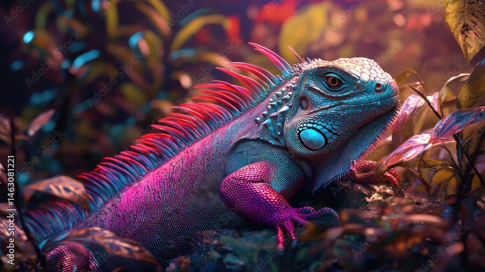 Fototapeta premium Vibrant, colorful iguana resting among lush foliage.