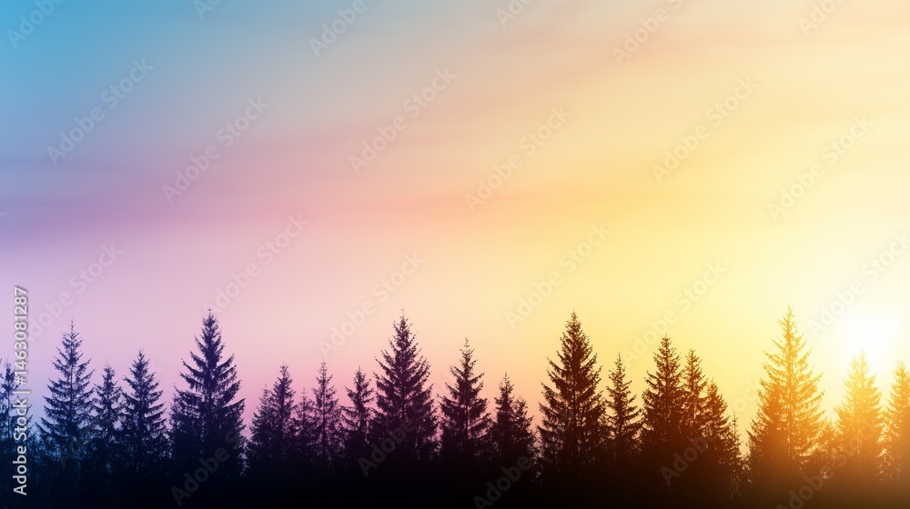 Obraz premium Tranquil Sunrise Over Forest Silhouettes with Soft Color Gradient