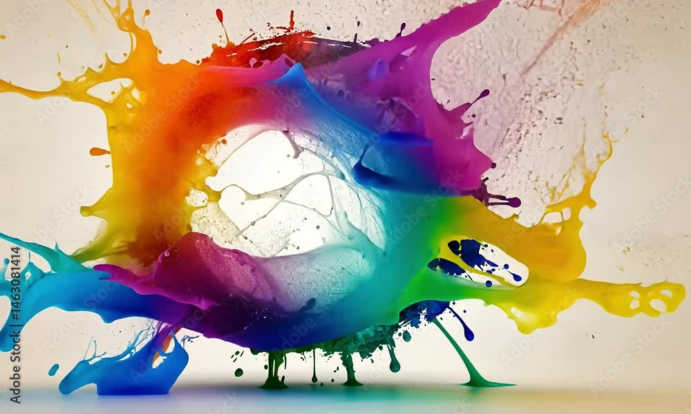 Vibrant colorful paint splashes in a circular pattern, with drips and splatters