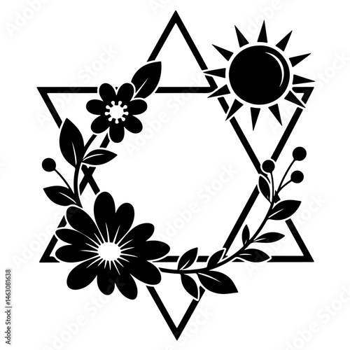 Black floral Star of David sun design, vector art.