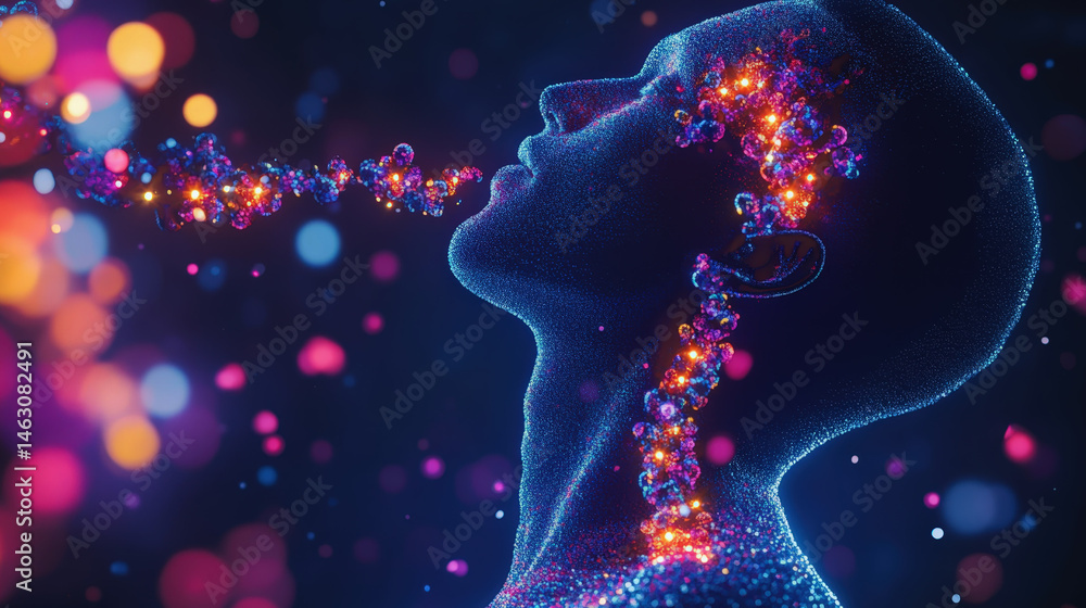 An artistic profile of a human head and neck, formed by particles, looks upwards. A stream of vibrant, glowing particles (red, blue, pink) emanates from the mouth and flows along the neck An artistic profile of a human head and neck, formed by particles, looks upwards. A stream of vibrant, glowing particles (red, blue, pink) emanates from the mouth and flows along the neck