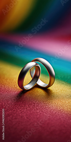 Two elegant wedding rings rest against a vibrant rainbow backdrop, symbolizing love, unity, and diversity in a mesmerizing display of colors.