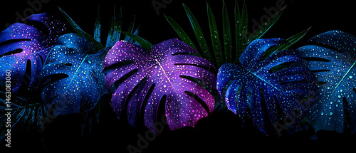 Vibrant Glowing Tropical Leaves On Dark Background