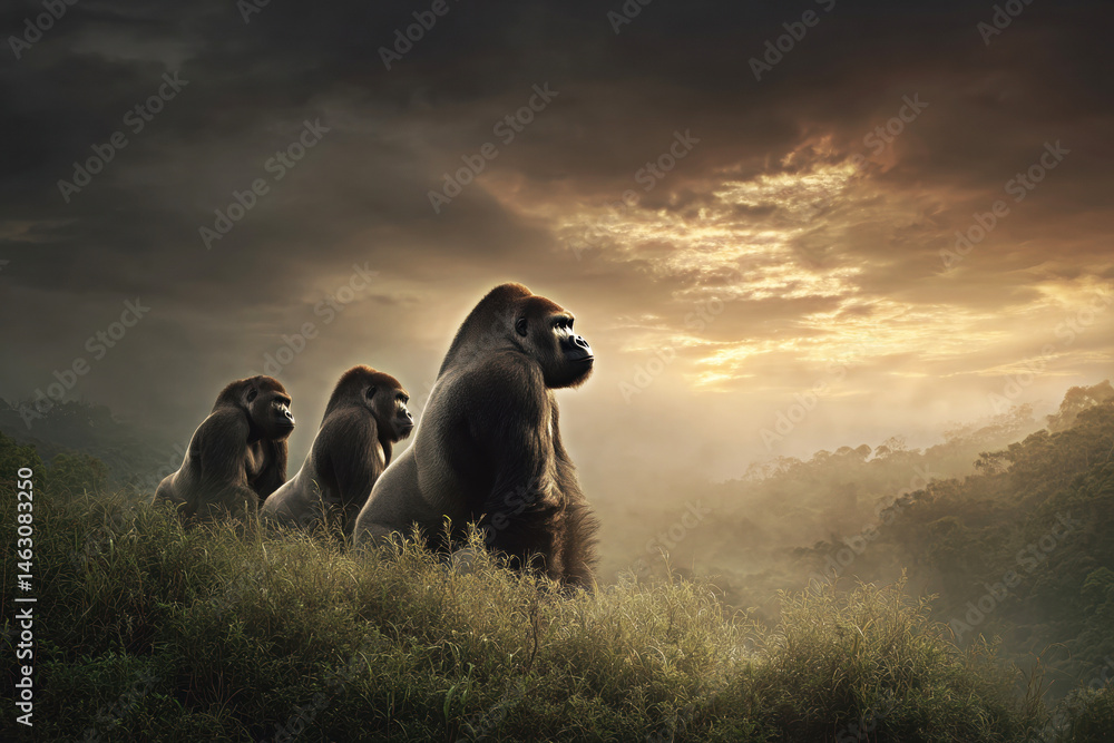 A majestic group of gorillas gazes into the horizon during a breathtaking sunset, embodying strength and unity in their natural habitat amidst a serene landscape.