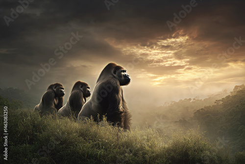 Obraz na płótnie A majestic group of gorillas gazes into the horizon during a breathtaking sunset, embodying strength and unity in their natural habitat amidst a serene landscape. w salonie