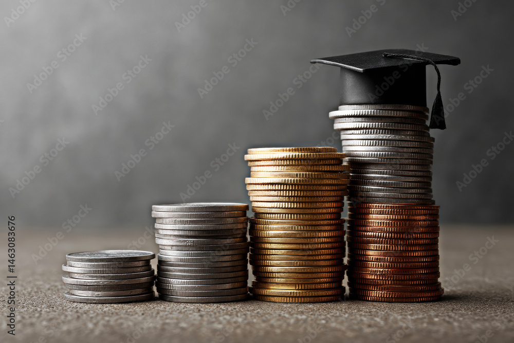 This image symbolizes the connection between education and financial growth, featuring stacks of coins with a graduation cap, illustrating the value of investing in education for future success.