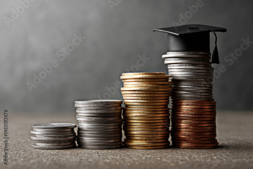 This image symbolizes the connection between education and financial growth, featuring stacks of coins with a graduation cap, illustrating the value of investing in education for future success.