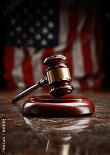 Obraz na płótnie A striking image of a wooden gavel set against the backdrop of the American flag, symbolizing justice, law, and order in the United States judiciary system. w salonie