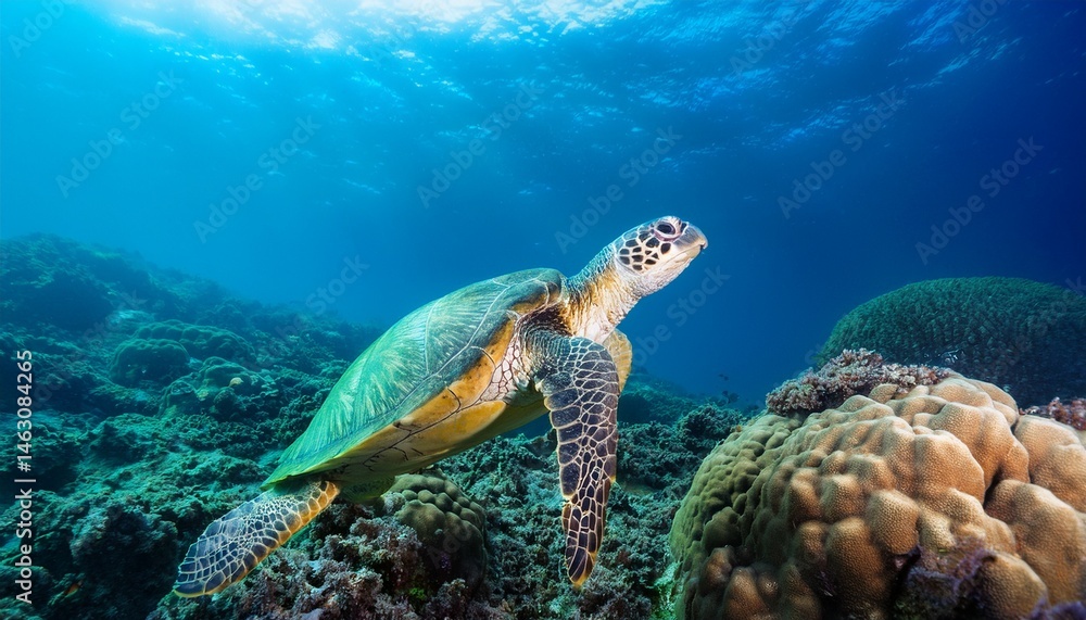 Obraz premium a green turtle is swimming underwater near some corals and rocks