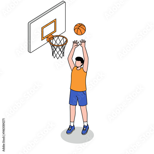 Tall Person, Basketball Player, Shooting Ball in Bright Athletic Wear, Isolated on Transparent. Sports, Team Game Concept. Vector for Sports Promotion/Websites/Blogs
