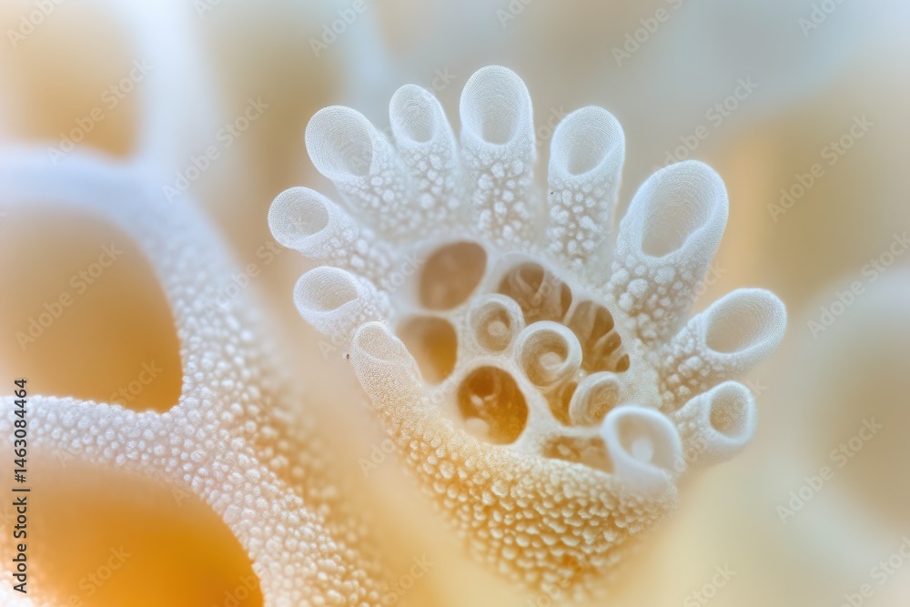 A macro shot reveals the intricate structure of a soft coral with tube-like formations and porous, swirling patterns. A macro shot reveals the intricate structure of a soft coral with tube-like formations and porous, swirling patterns.