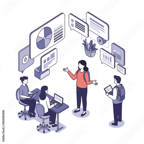 Extroverted Person Presenting Ideas in Modern Office, Communication, Business Meeting Concept, Vector for Articles/Presentations