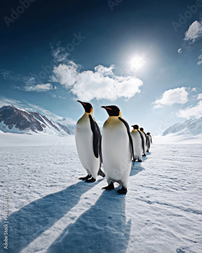 Obraz na płótnie A breathtaking scene showcases a line of emperor penguins traversing the icy expanse, beneath a majestic sky illuminated by the sun, symbolizing resilience and unity in nature. w salonie