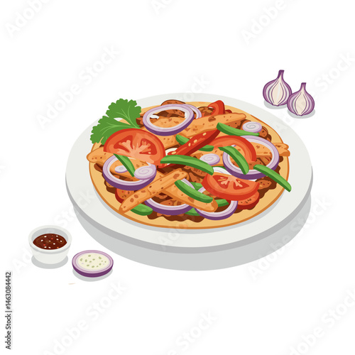 Lomo Saltado Dish Vector. Colorful stir-fry on plate, isolated on transparent. Peruvian Cuisine, Food, Menu, Recipe, Blog