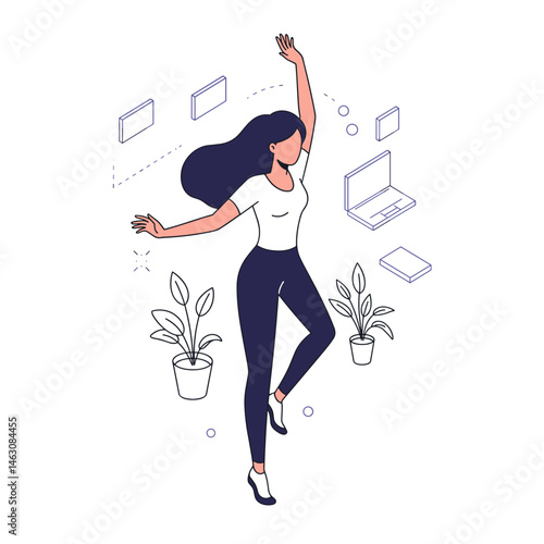 Passionate woman dancing joyfully in a digital workspace  