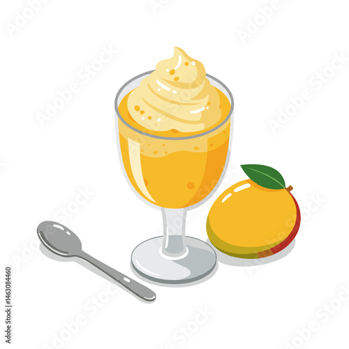Mango Souffle Dessert Vector Illustration. Fluffy texture in glass with spoon and fresh mango slice, isolated on transparent. Sweet tropical dessert, menu, recipe, food packaging