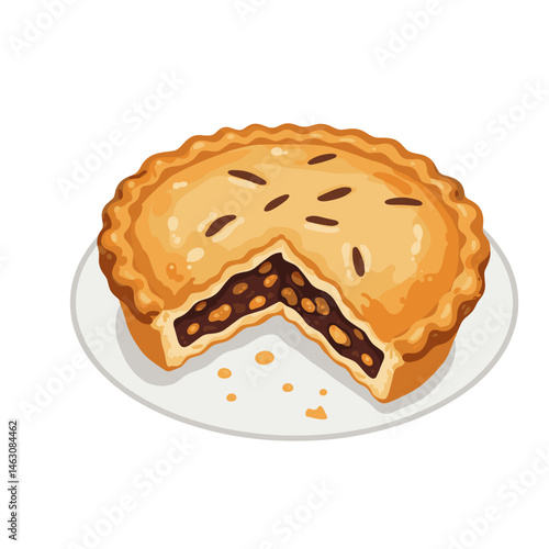 Mince Pie Vector Illustration. Cut section revealing filling on plate, isolated on transparent. Traditional Holiday Dessert, For Recipes, Menus, Festive Promotion