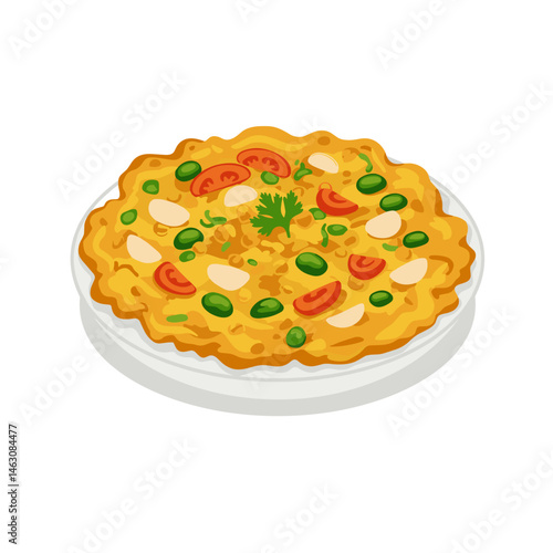 Pakora Dish Vector Illustration. On White Plate with Garnish, Isolated on Transparent. Indian Cuisine Appetizer, Street Food, Menu, Recipe, Blog