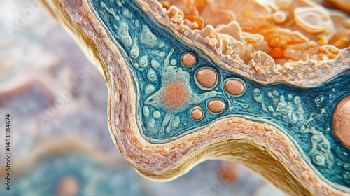 This image presents a detailed cross-section of healthy thyroid tissue. It features contrasting blue and orange/peach colors, emphasizing layered structures and various cellular formations within the 