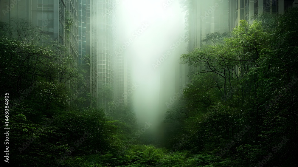 Misty Forest Oasis Surrounded by Urban Skyscrapers in Enigmatic Atmosphere Misty Forest Oasis Surrounded by Urban Skyscrapers in Enigmatic Atmosphere