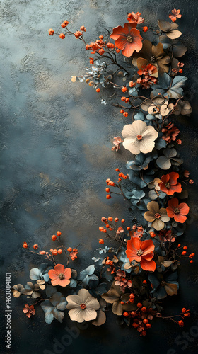 A textured backdrop adorned with an arrangement of  fall-toned flowers and berries