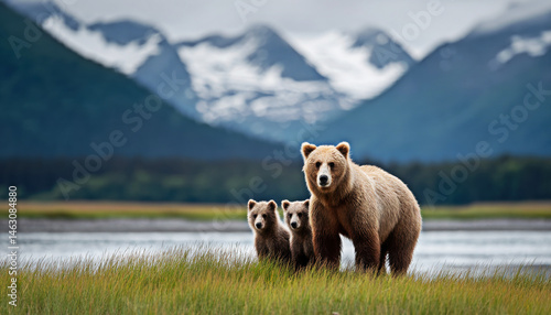 Obraz na płótnie A captivating scene of a mother bear standing protectively over her two adorable cubs in a serene mountainous landscape. w salonie