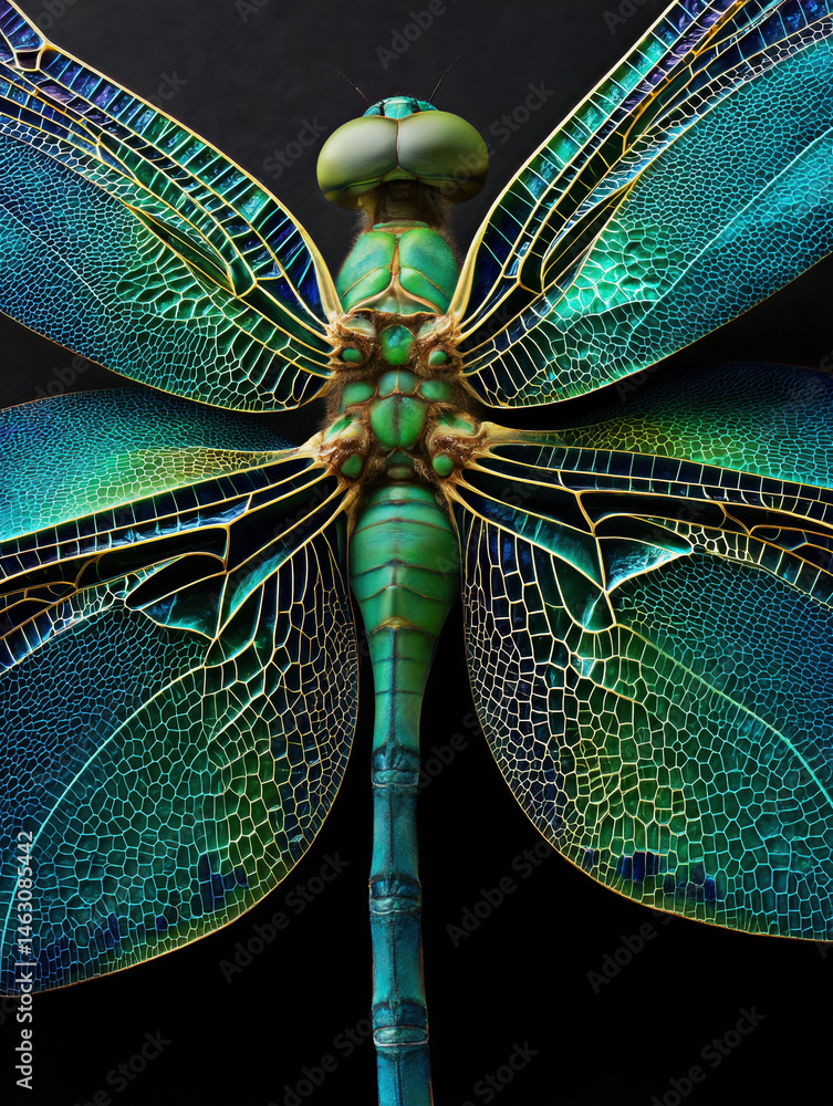 A stunning close-up of a dragonfly showcasing its vibrant iridescent wings and intricate patterns, highlighting the beauty and complexity of insect anatomy.