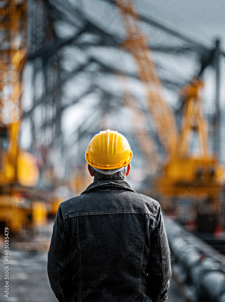 A construction worker stands in contemplation at a busy site, donning a yellow hard hat.