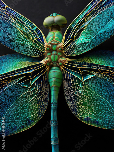 Obraz na płótnie A stunning close-up of a dragonfly showcasing its vibrant iridescent wings and intricate patterns, highlighting the beauty and complexity of insect anatomy. w salonie