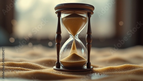 Golden Sand Hourglass Closeup, Soft Light Timer Photo, Intimate Hourglass Moment
