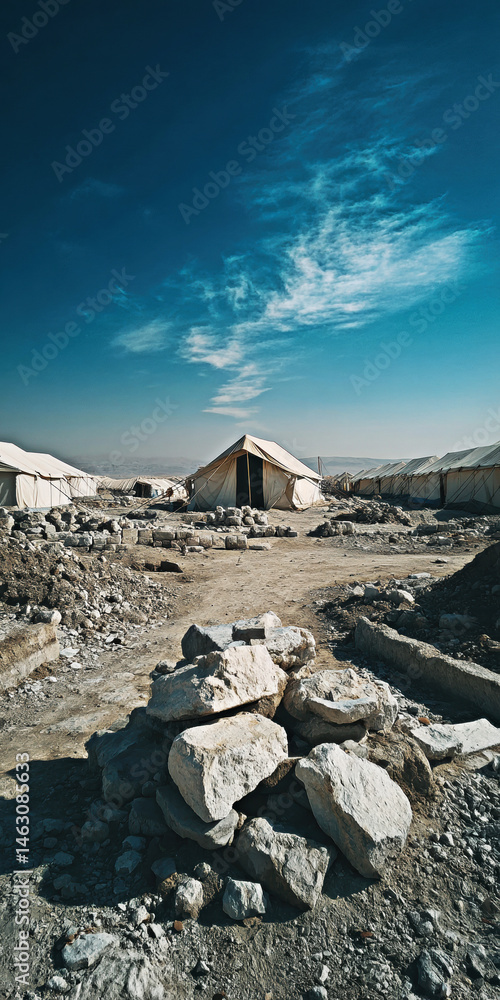 This image captures a stark refugee camp with tents and rocky terrain under a vast sky.