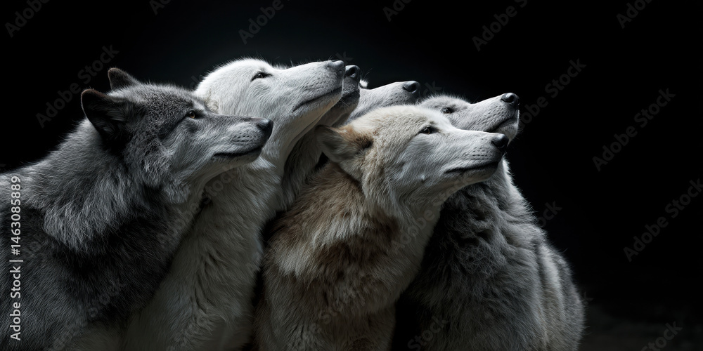 A striking image capturing the grace and strength of four wolves, expertly illuminated against a dark backdrop, showcasing their unique features and expressions of unity and contemplation.