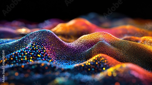 Vibrant colors and intricate patterns create an abstract landscape resembling waves under a dark background, evoking depth and movement