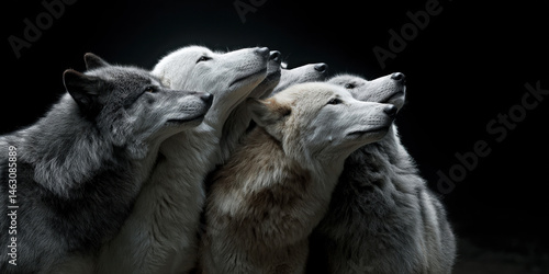 Obraz na płótnie A striking image capturing the grace and strength of four wolves, expertly illuminated against a dark backdrop, showcasing their unique features and expressions of unity and contemplation. w salonie