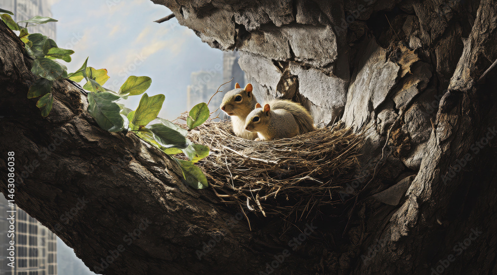 Two adorable squirrels cuddle together in a nest perched upon a textured tree branch, surrounded by vibrant leaves and the distant outlines of a cityscape.