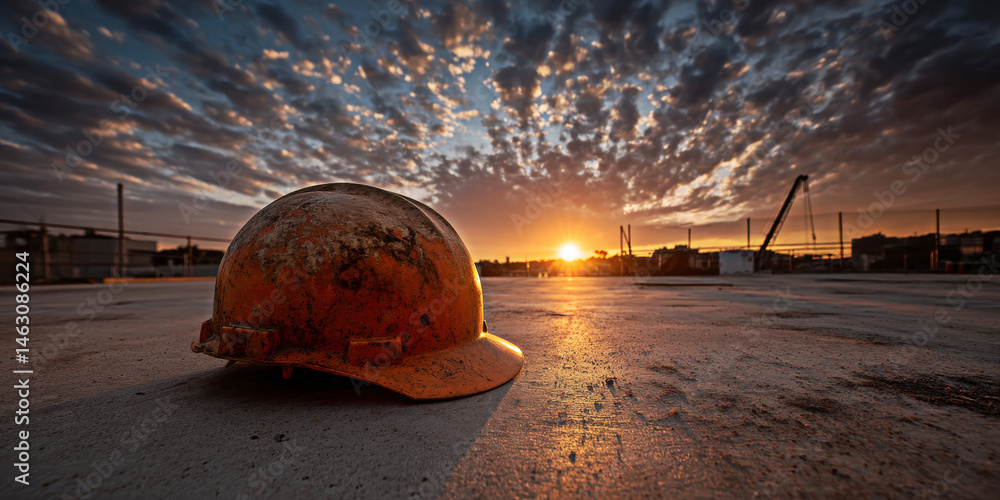 A worn orange hard hat rests on a concrete surface as the sun sets, painting the sky with vibrant colors and marking the end of a workday at the construction site.