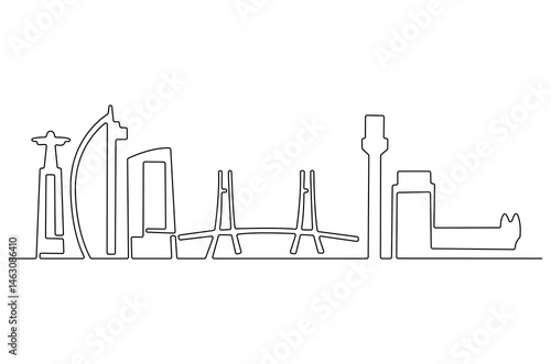 Continuous one line drawing of Lisboa city skyline. Single line drawing illustration of Portugal cityscape. Beautiful buildings and architecture concept vector art. Doodle line illustration.