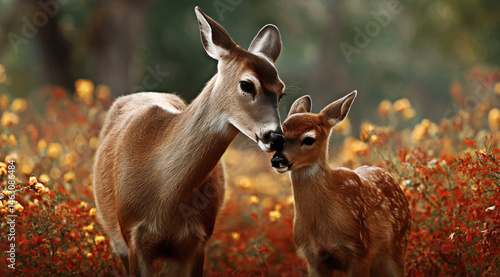Obraz na płótnie A mother deer gently nuzzles her fawn, surrounded by vibrant wildflowers. w salonie