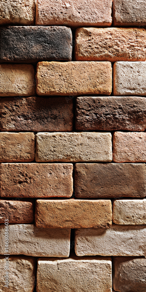 A visually striking brick wall showcasing various earthy tones and textures, perfect for backgrounds in design projects, photography, or decoration, adding warmth and depth to any space.