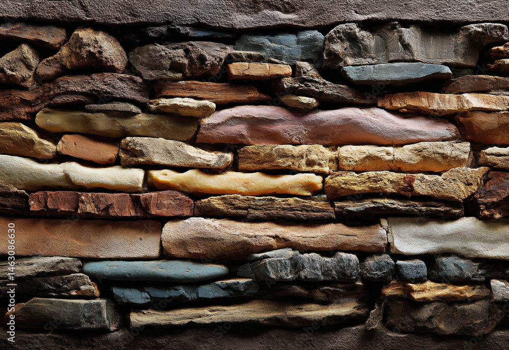 A captivating close-up of a stone wall, showcasing an array of earthy tones and diverse textures, highlighting the natural beauty and unique characteristics of each stone.