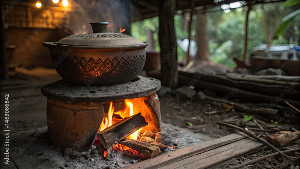 Traditional clay pot cooking on wood fired stove in rustic outdoor setting, evoking warmth and nostalgia Traditional clay pot cooking on wood fired stove in rustic outdoor setting, evoking warmth and nostalgia